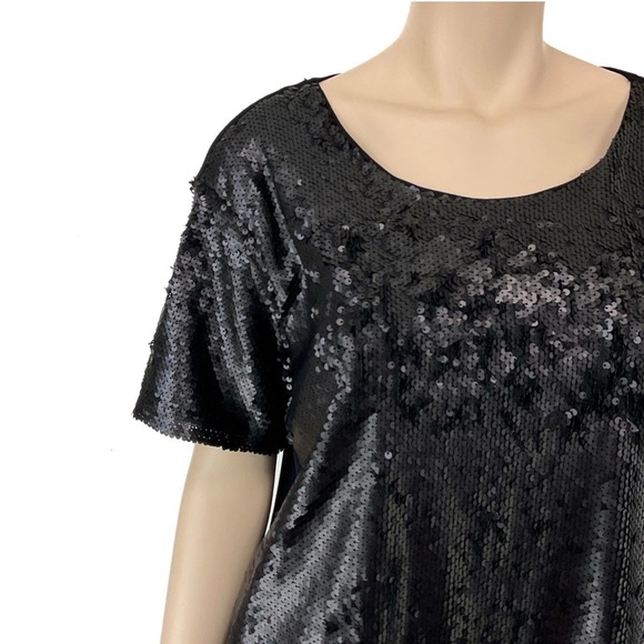 WORTHINGTON Black & Silver Sparkle Sequin Short Sleeve Festive Disco Blouse Sz L - Picture 4 of 16